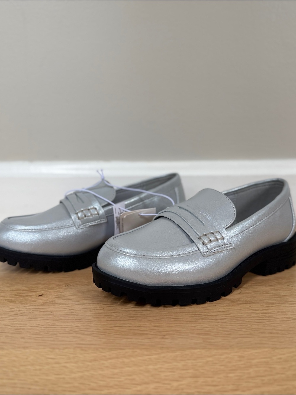 GAP Kids Metallic Silver Chunky Lug Sole Penny Loafers - Size 12 (NWT)